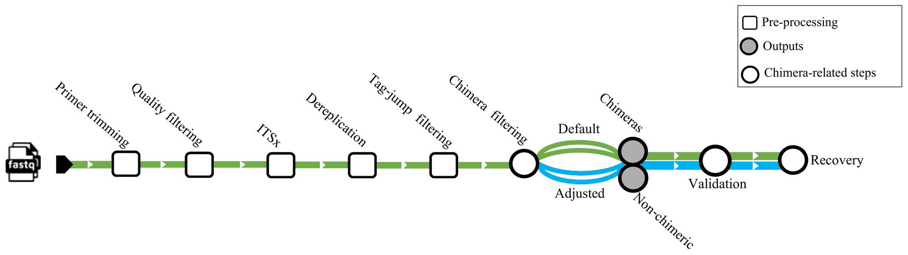 Study workflow: FASTQ reads pass through primer trimming, quality filtering, ITSx, dereplication and tag-jump filtering, then chimera filtering under default and adjusted settings, splitting into chimeric and non-chimeric outputs that are validated and recovered.